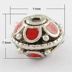 Handmade Indonesia Beads, with Alloy Cores, Flat Round, Antique Silver, Red, 11x7.5mm, Hole: 2mm