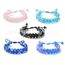 Bracelets de perles tressées rondes en verre, bracelet réglable double ligne, couleur mixte, diamètre intérieur: 2~3-3/8 pouce (8.5 cm)
