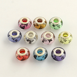 Large Hole Butterfly Pattern Acrylic European Beads, with Platinum Plated Brass Double Cores, Rondelle, Mixed Color, 14x9mm, Hole: 5mm