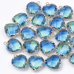 Pendentifs en verre K9, imitation de tourmaline, avec les accessoires en laiton de tonalité d'or, facette, cœur, bleu profond du ciel, 20x16.5x8mm, Trou: 2mm