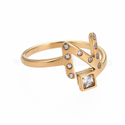 304 Stainless Steel Finger Rings, with Rhinestone, Initial Letter N & Square, Crystal, Golden, Size 6~9, 16~19mm