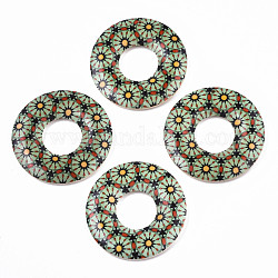 Bedruckte Holzanhänger, Donut mit Blumenmuster, mittlerer Aquamarin, 45x5 mm, Bohrung: 1.6 mm