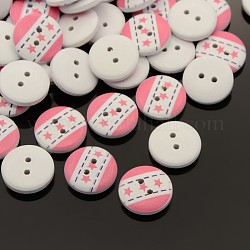 2-Hole Flat Round Star Printed Wooden Sewing Buttons, Dyed, Pink, 13x4mm, Hole: 1mm