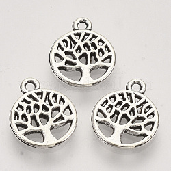 Tibetan Style Alloy Pendants,  Cadmium Free & Lead Free, Flat Round with Tree of Life, Antique Silver, 13.5x10x1.5mm, Hole: 1.2mm
