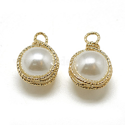 Abs de plástico imitación perla encantos, con fornituras de latón, redondo, real 18k chapado en oro, 14x9x8mm, agujero: 1.5 mm