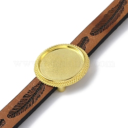 Alloy Flat Round Link Bracelet Settings fit for Cabochons, with Feather Pattern PU Leather Cords, Golden, 8 inch(20.3cm), Tray: 18x18mm