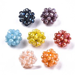 Runde gewebte Glasperlen galvanisieren, Cluster-Perlen, ab Farbe plattiert, facettiert, Mischfarbe, 12~13 mm, Bohrung: 1.5 mm, Perlen: 3.5x2.5 mm