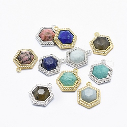 Pendentifs en pierre naturelle, avec les accessoires de zircone et en laiton cubes, facette, hexagone, clair, couleur mixte, 19x14.5x5~6mm, Trou: 1.6mm