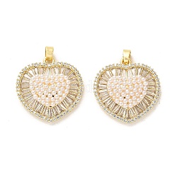 Brass Micro Pave Cubic Zirconia Pendants, with ABS Imitation Pearl, Long-Lasting Plated, Heart, Golden, 25x24.5x6mm, Hole: 4x2.8mm