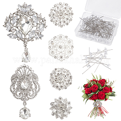 NBEADS 6 Pcs Wedding Bouquet Brooches Kit, Shiny Rhinestone Brooch Pin Crystal Flower Brooches with 100 Pcs Crystal Bouquet Pins for Wedding Bouquet Bridal Brooches Decoration