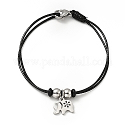 304 Stainless Steel Elephant Charm Bracelet with Waxed Cord for Women, Stainless Steel Color, 7 inch(17.8cm)