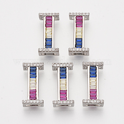 Brass Cubic Zirconia Slide Charms, Real Platinum Plated, Colorful, Letter, Letter.I, 18.5x8.5x5mm, Hole: 1.5x4mm and 1.5x6.5mm