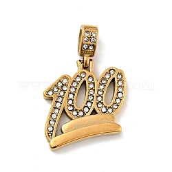 Ion Plating(IP) 304 Stainless Steel Pendants, with Rhinestone, Number 100, Golden, 30x29x4.5mm, Hole: 5.5x8mm