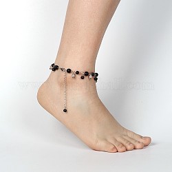 Glass Pearl Beads Anklets, with Iron Chains and Brass Lobster Claw Clasps, Platinum, Black, 220~230mm