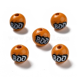 Perline di legno dipinte a spruzzo di halloween, rotondo con la parola boo, arancione scuro, 15.5~16x14.5~15mm, Foro: 4 mm