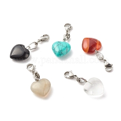 Heart Natural & Synthetic Gemstone Pendant, with 304 Stainless Steel Jump Rings, Platinum, Mixed Color, 36mm
