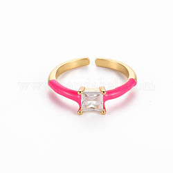 Манжеты из латуни с эмалью, открытые кольца, пасьянс кольца, с четким кубического циркония, без никеля , квадратный, золотые, темно-розовыми, размер США 7 (17.3 мм)