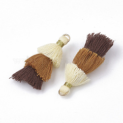 Polycotton(Polyester Cotton) Tassel Pendant Decorations, with Golden Iron Jump Rings and Metallic Cord, Coconut Brown, 33~46x12~15mm, Hole: 3x1.5mm