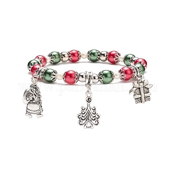 Bracelet extensible en perles de verre, arbre de noël et père noël et boîte-cadeau bracelet à breloques en alliage pour femme, colorées, diamètre intérieur: 2-1/4 pouce (5.7 cm)