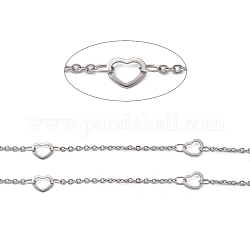 304 Stainless Steel Cable Chains, Soldered, with Heart Connector, Stainless Steel Color, 2x1.5x0.3mm