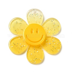 Transparente Acrylanhänger mit Farbverlauf, mit Pailletten, sonnenblume mit lächelndem gesichtszauber, golden, 30x27x4 mm, Bohrung: 1.6 mm
