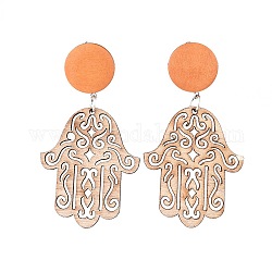 Wooden Dangle Earrings, with Pear Wood Beads, 304 Stainless Steel Stud Earring Findings and Plastic Ear Nuts, Hamsa Hand/Hand of Fatima/Hand of Miriam, Camel, Stainless Steel Color, 74mm, Pin: 0.6mm
