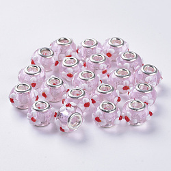 Handgefertigt Murano holprigen europäischen Perlen, Großloch perlen, mit silberner Farbe Messing Doppelkerne, Rondell, Perle rosa, 14~15x14~15x11 mm, Bohrung: 5 mm