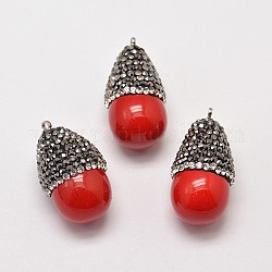 Dyed Shell Pearl Teardrop Pendants, with Platinum Plated Brass Findings and Czech Rhinestones, Red, 26~29x15~16mm, Hole: 1mm