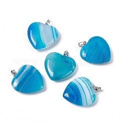 Natural Agate Pendants, with Platinum Tone Brass Findings, Heart Charm, Dyed & Heated, Deep Sky Blue, 27~28x25x7mm, Hole: 7x4mm