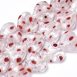 Chapelets de perles vernissées de millefiori manuelles, cœur, rose, 11~12x12x4~5mm, Trou: 1mm, Environ 32~33 pcs/chapelet, 12.72 pouce ~ 13.78 pouces (32.3~35 cm)
