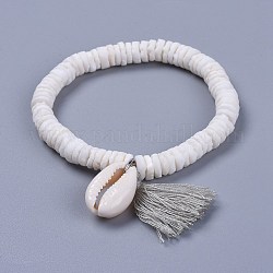 Baumwollfaden Quasten Charme Armbänder, mit Muschelperlen und Kaurimuschel Perlen, mit Sackleinen, die Beutel ziehen, lichtgrau, 2 Zoll (5~5.1 cm)
