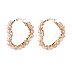 1 paire de boucles d'oreilles créoles en forme de cœur enroulé de perles naturelles pour femmes, La Saint-Valentin, or, couleur de coquillage, 46x44.5x6.5mm, pin: 0.7 mm