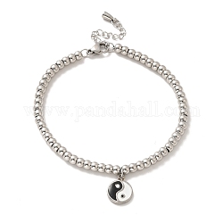 304 Stainless Steel Flat Round with Yin Yang Charm Bracelet with Enamel, 201 Stainless Steel Round Beads Bracelet for Women, Stainless Steel Color, 8-3/4 inch(22.1cm)