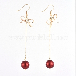 Ohrringe, mit Glasperlen runde Perlen, echte 18 Karat vergoldete Messingkabelketten, Ohrringhaken und Bogenknotenanhänger, rot, 87 mm, Stift: 0.7 mm