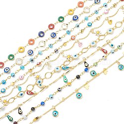 Chaînes de perles en laiton plaqué or, avec l'émail, non soudée, formes mixtes, couleur mixte, lien: 12.5~14x2~4x0.5~4 mm, breloque: 10~10.5x4~6x2~3mm, environ 3.28 pied (1 m)/fil