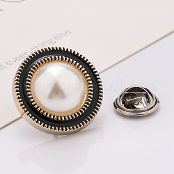 Plastic Brooch, Alloy Pin, with Enamel, Imitation Pearl, for Garment Accessories, Round, Black, 21mm