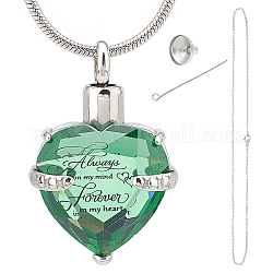 CREATCABIN August Glass Urn Pendant Necklace DIY Making Kit, Including 1Pc Heart Glass Urn Pendant with Always On My Mind Forever In My Heart, 1Pc 304 Stainless Steel Women Chain Necklaces, 1 set Stainless Steel Mini Funnel, Lime Green, Pendant: 33x21.5x11.5mm, Hole: 5mm