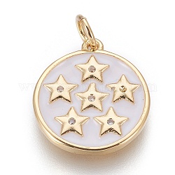 Ciondoli smaltato in ottone, con zirconi, piatta e rotonda con stella, bianco, oro, 17x15x2mm, Foro: 3.5 mm