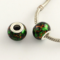 Spray Painted Glass European Beads, with Silver Tone Brass Double Core, Large Hole Rondelle Beads, Green, 14~15x11mm, Hole: 4.5~5mm