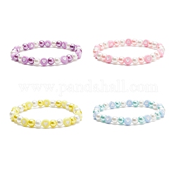 Acrylic Heart & Glass Pearl Beaded Stretch Bracelet for Women, Mixed Color, Inner Diameter: 2-1/8 inch(5.3~5.6cm)