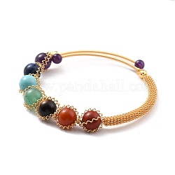 Bracelet manchette en perles de pierres naturelles mélangées, bracelet ouvert enveloppé de fil de laiton doré pour femme, sans plomb et sans cadmium, diamètre intérieur: 2-1/8 pouce (5.5 cm)