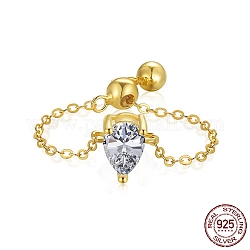 925 кольцо-цепочка из стерлингового серебра, кольцо с камнем, реальный 18k позолоченный, с каплей циркония для женщин, регулируемое скользящее кольцо, прозрачные, 1.2 мм, размер США 7 (17.3 мм)