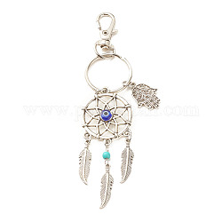 Tibetan Style Alloy Pendant Keychain, with Synthetic Turquoise Beads & Handmade Evil Eye Lampwork Beads and Alloy & Iron Findings, Woven Net/Web with Feather & Hamsa Hand, Antique Silver & Platinum, 12.7cm