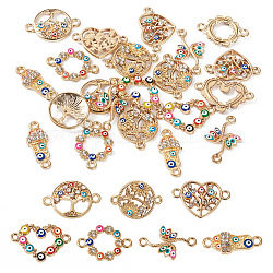 28Pcs 7 Styles Alloy Colorful Enamel Connector Charms, Evil Eye Links, Golden, with Crystal Rhinestone, Shoes & Dragonfly & Heart & Tree, Mixed Shapes, 8.5~16x21~23.5x2~3.5mm, Hole: 2mm, 4pcs/style
