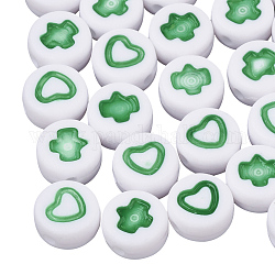 Perles acryliques artisanales blanches, plat rond avec motif coeur et feuille vert, 7x3.5mm, Trou: 1.2mm, environ 1480 pcs/200 g