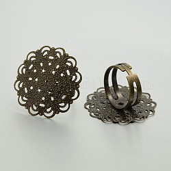 Adjustable Brass Filigree Ring Setting Components, Flower Pad Ring Bases, Nickel Free, Antique Bronze, 18mm, Tray: 30mm