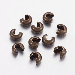 Ottone crimpare perline coperture, nichel libero, colore bronzo antico, misura:circa4mm di diametro, Foro: 1.5~1.8 mm