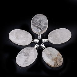 Pendentifs de quartz fumé naturel, avec le fer bélières snap on, ovale, platine, 38~39x24~25x5~8mm, Trou: 4x5.5mm