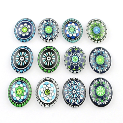 Geometric Flower Pattern Glass Oval Flatback Cabochons for DIY Projects, Mixed Color, 35x25x6.5mm