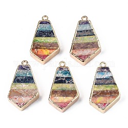 Rainbow Color Natural Imperial Jasper Pendants, with Golden Iron Loop and Edge, Dyed, Quadrangle, 30~31x17.5x6~7mm, Hole: 1.6mm